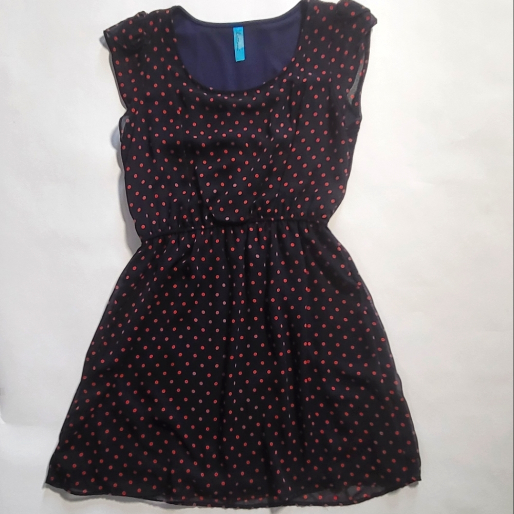 Navy blue dress with red polka dots, size Med, Francescas